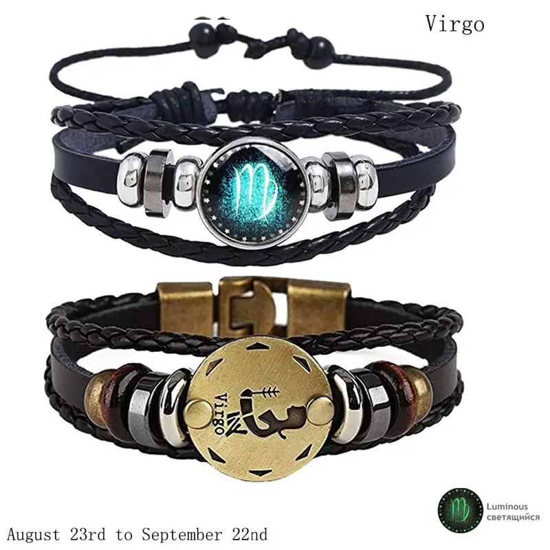 Virgo 2 шт./компл. 12 созвездий Браслеты световой кожаный браслет гороскоп плетеный браслет Для мужчин Для женщин ювелирные изделия наручные часы подарок - Окраска металла: Virgo