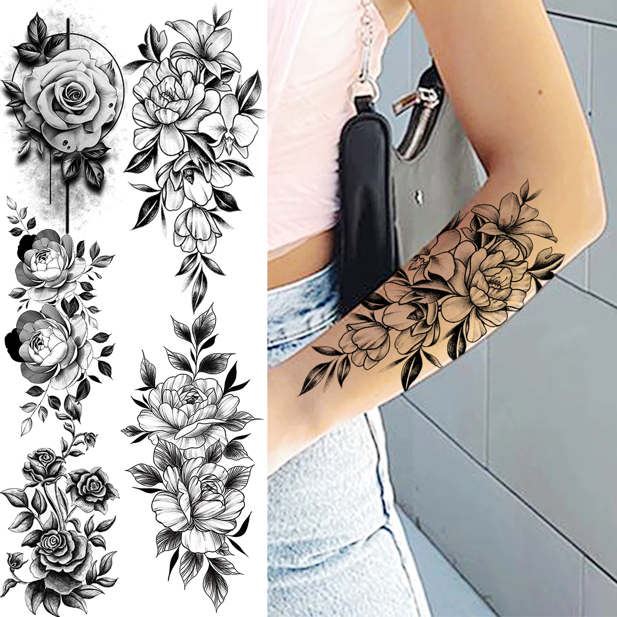 

Черные Цветочные Временные татуировки на предплечье для женщин, взрослые девушки, роза, цветок, круглая искусственная татуировка, сексуаль...