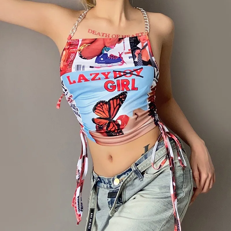 

Vest Summer Tank Tops Y2K Street Sexy Slim Fashion Strap Shirring Character Sleeveless Printing Strap Halter Sling Casual Women