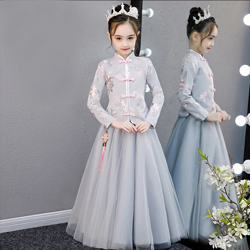 Chinese Flower Girl Dress For Wedding Girls Hanfu Long Lace Embroidery Cheongsam Dress Princess Dresses Kids New Year Dress