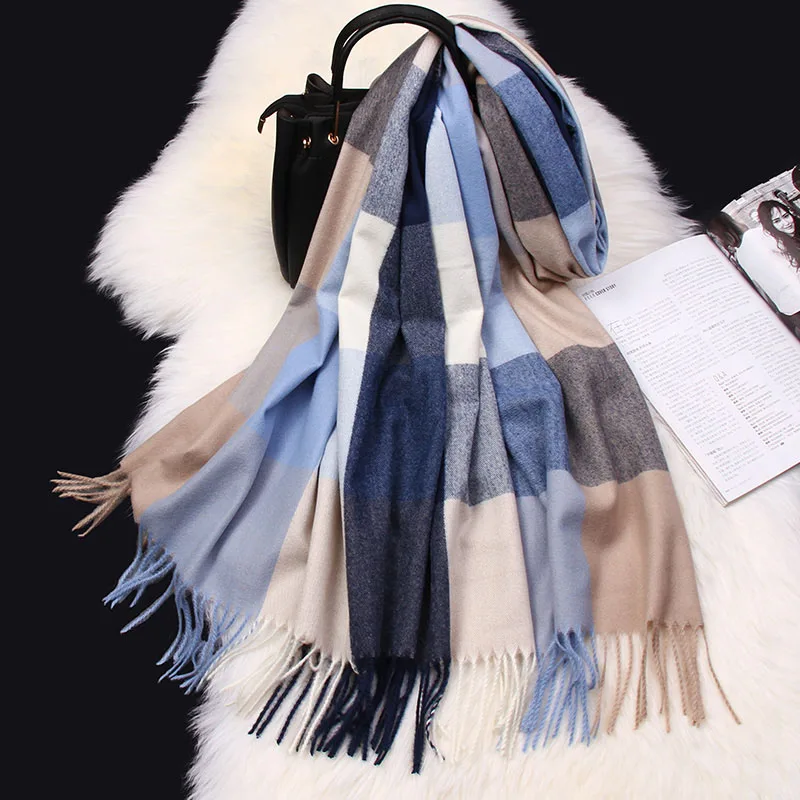 

Blue Plaid Scarf Women Winter Thick Warm Shawls Wraps With Tassels Luxury Pashmina Soft Long Faux Cashmere Echarpe Femme