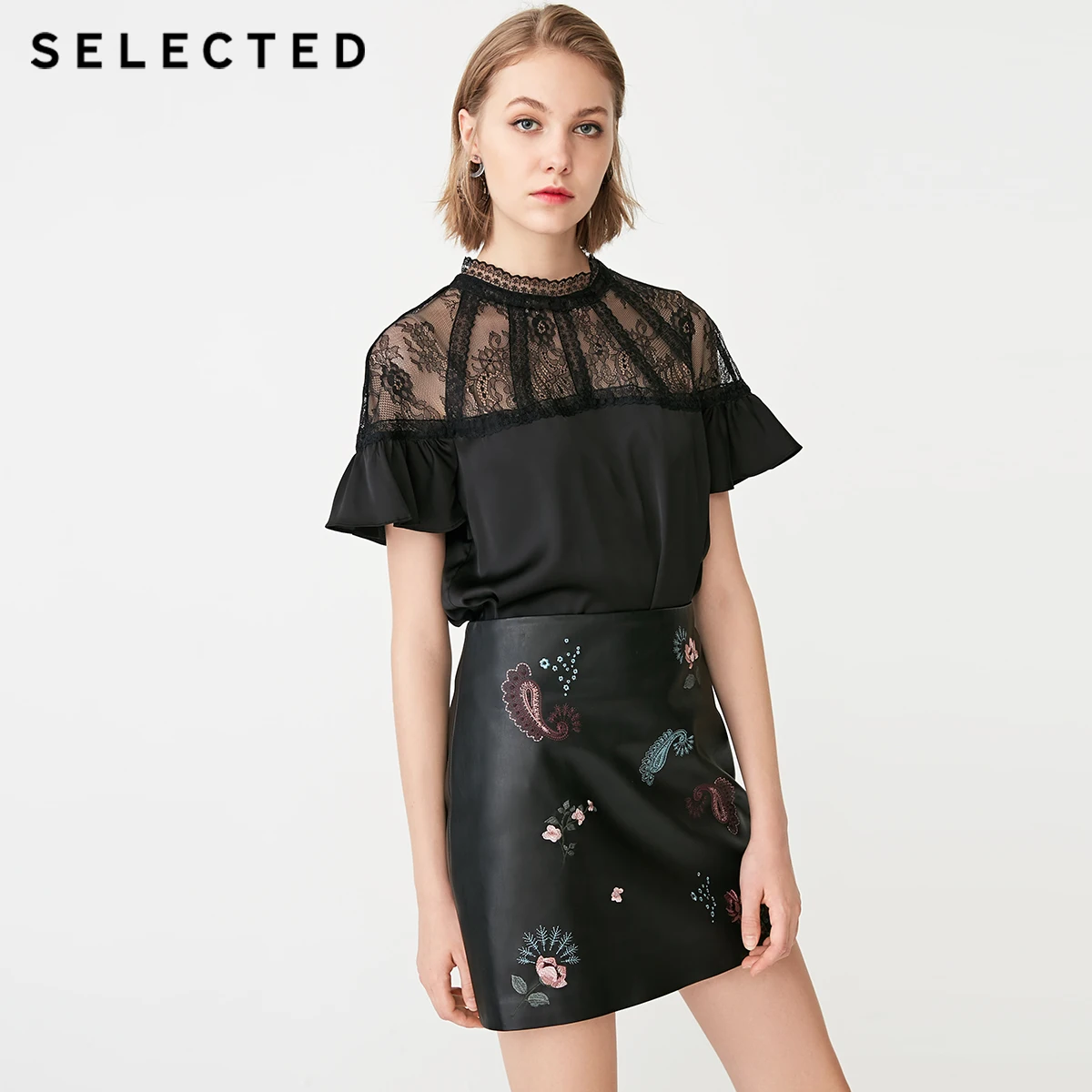 Отборный вышитый узор A lined PU юбка S | 41846S502|Женские юбки|