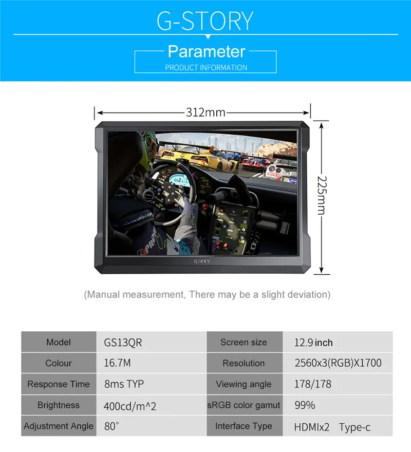 G-STORY 12,9 дюймов HDR ips WQHD 1700P Портативный игровой монитор для ухода за глазами для PS4, Xbox One с FreeSync, typc-c, кабель HDMI