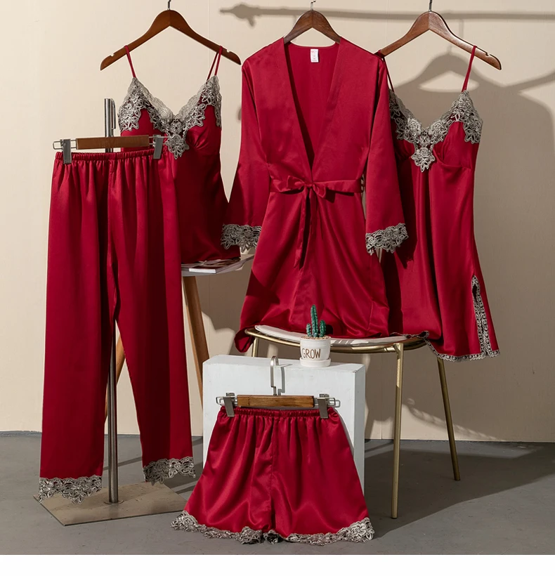 

5 Pieces Nightwear Pyjama With Chest Pads New Fashion Women Pajamas Sets Burgundy Satin Lace Sleepwear