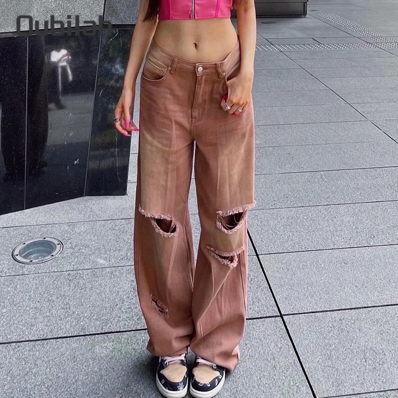 

High Waisted Jeans Woman Fashion Streetwear loose brown trousers vintage Do Old Casual Straight Pants Irregular Ripped Jeans