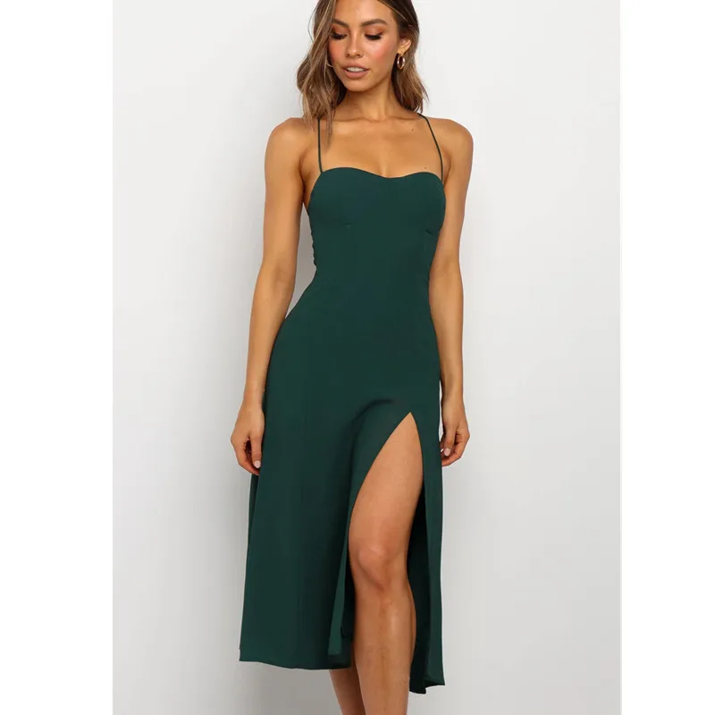 

Sexy Spaghetti Strap Side Split Midi Dress Women Elegant Party Club Green Dress Robe Femme Vestidos Holiday Summer Clothes Ddlg