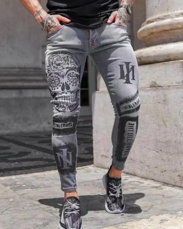 Men's Quilted Embroidered jeans Skinny Jeans Ripped Grid Stretch Denim Pants MAN Elastic Waist Patchwork Jogging Denim Trousers