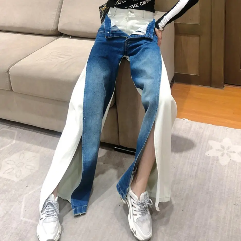 Женские расклешенные джинсы 2020 новые модные контрастных цветов с широкими