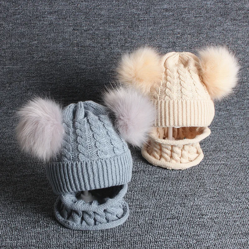 

2021 Winter Warm Baby Accessories Infant Newborn Baby Girl Boy Knitted Bobble Hat Double Pom Pom Crochet Stretchy Hat Set 1-4T
