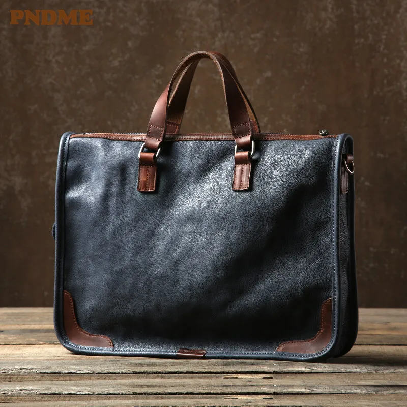 PNDME business retro luxury genuine leather men briefcase casual soft natural real cowhide handbag laptop shoulder messenger bag