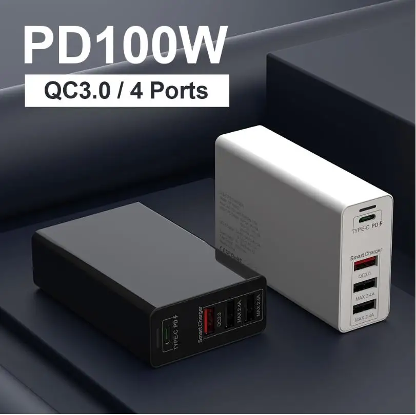 Адаптер питания URVNS, 100 Вт, 4 порта USB C, PD 100 Вт/87 Вт/65 Вт/45 Вт/30 Вт/18 Вт, Тип C, быстрое зарядное устройство для Macbook Pro 13/15/16, iPhone 8 11 XS XR-5