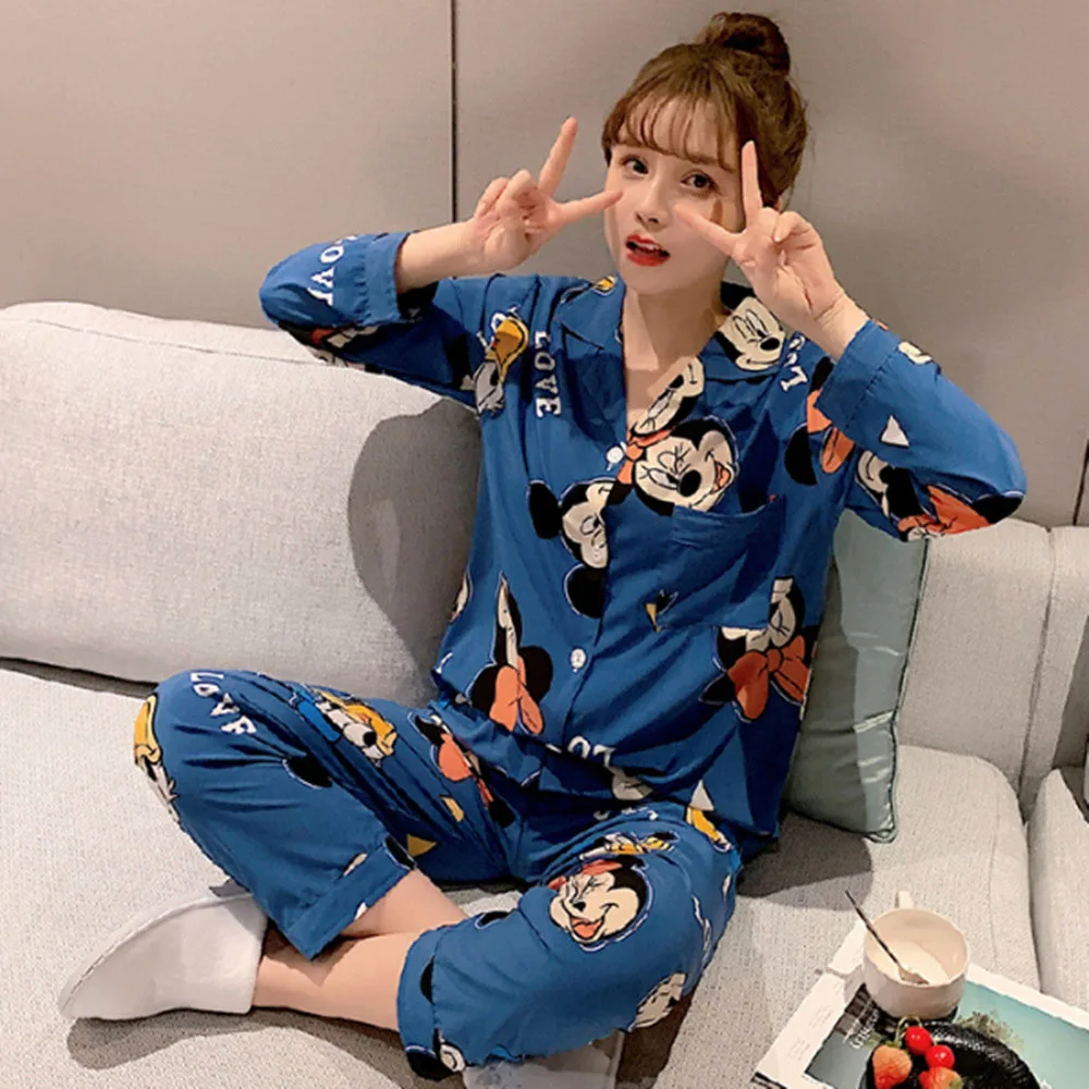 

Disney Women Mickey Mouse Girl Printed Spring Pajamas Cute Cartoon Long Sleeve Long Pants Homewear Set Short Sleeve Sweet Pajama