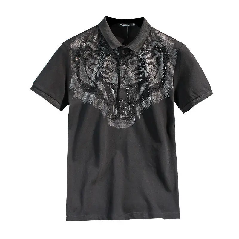 

POLO shirt men's lapel t-shirt summer hot diamond personality trend pure cotton black short-sleeved shirt men's