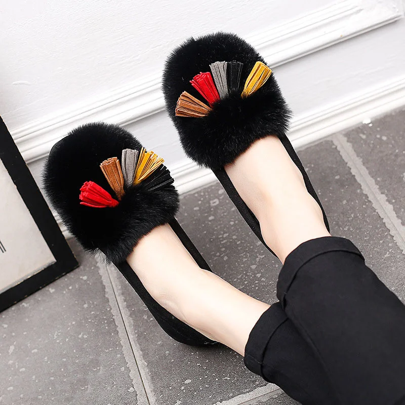 

Fur Flock Flats Multicolor Tassel Plush Loafers Shoes Women Solid Round Toe Slip on Moccasins Hot Winter Fluffy Muffins Shoes