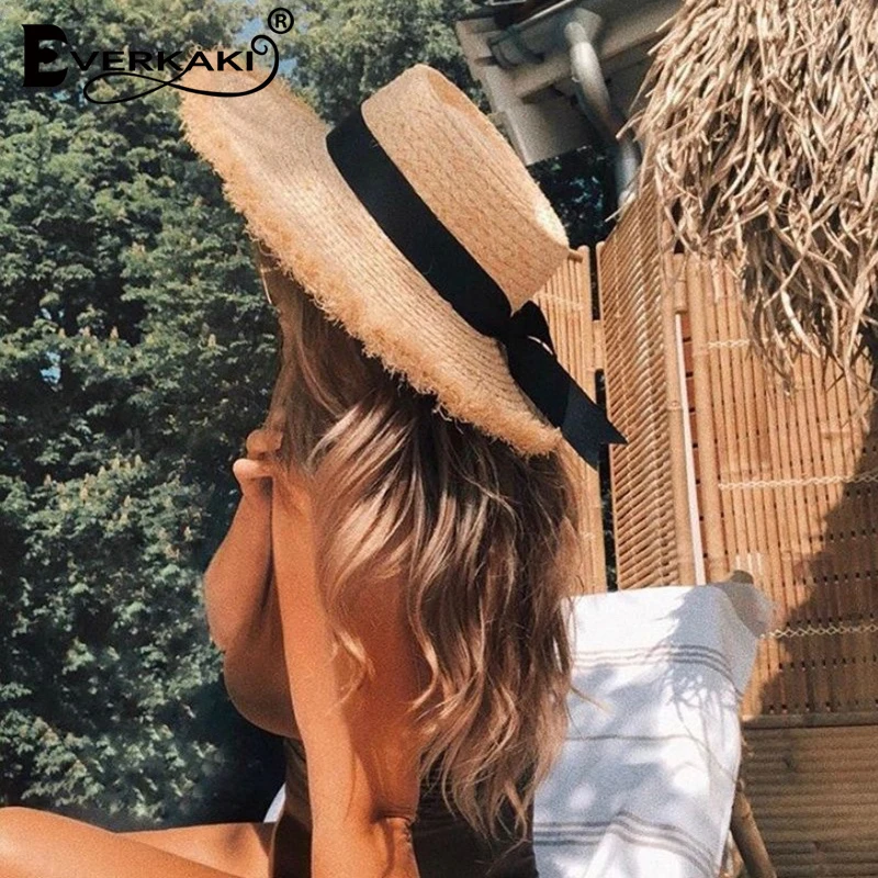 

Everkaki Straw Bowknot Sun Hats Summer Women's Boater Beach Hat Wide side Casual Ladies Panama Flat Hat Fedora 2021 New Chic