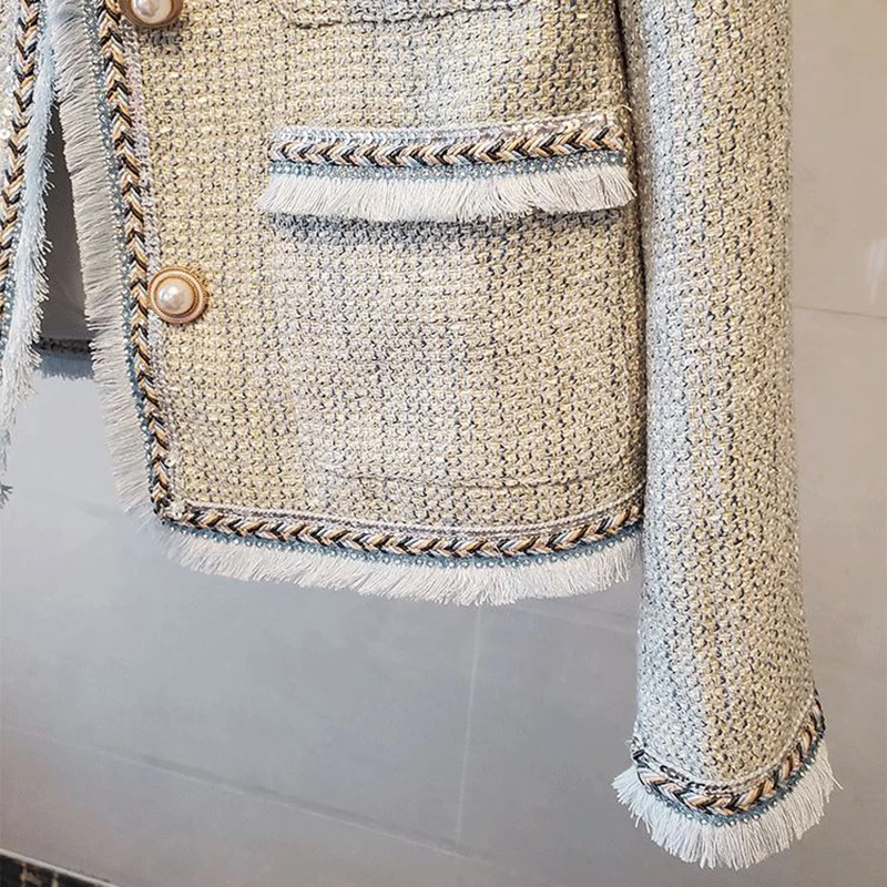 

Jacket legant Slim Long Sleeve Wool Outwear Single Breasted Tassel Sequins Tweed Jackets Women O-Neck Palid Vintage Pink