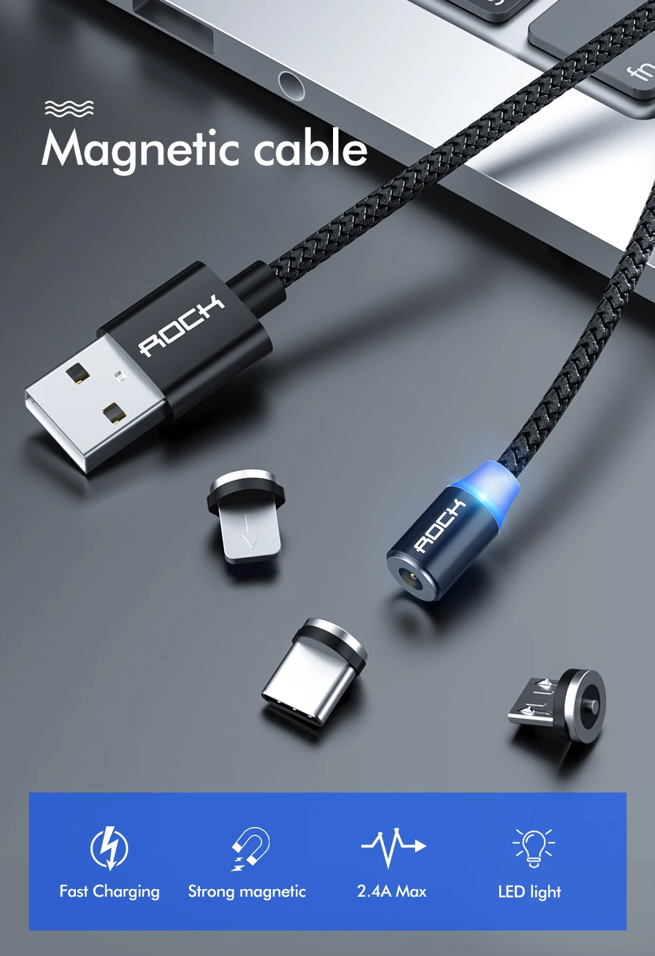 Магнитный кабель ROCK для быстрой зарядки с разъемом type-C Micro Usb для быстрой зарядки Usb C светодиодный светильник для iPhone Xiaomi huawei Phone 1 м магнитное зарядное устройство