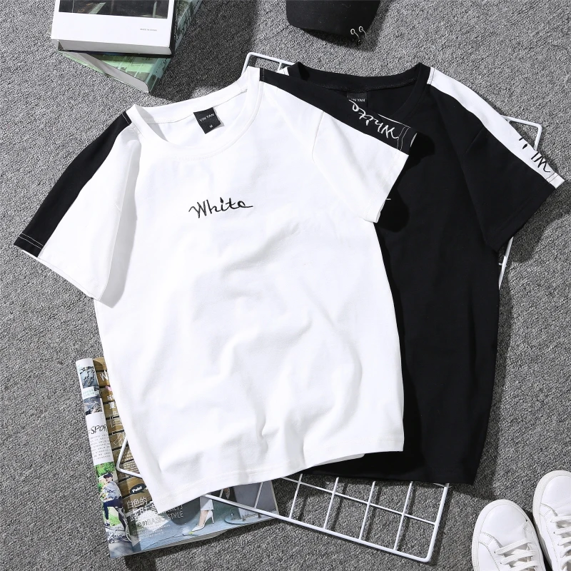 Summer New Women's T-shirt White Embroidered Monophonic Female T Shirt Striped Harajuku Couple Clothes Black Tops 90s Tees