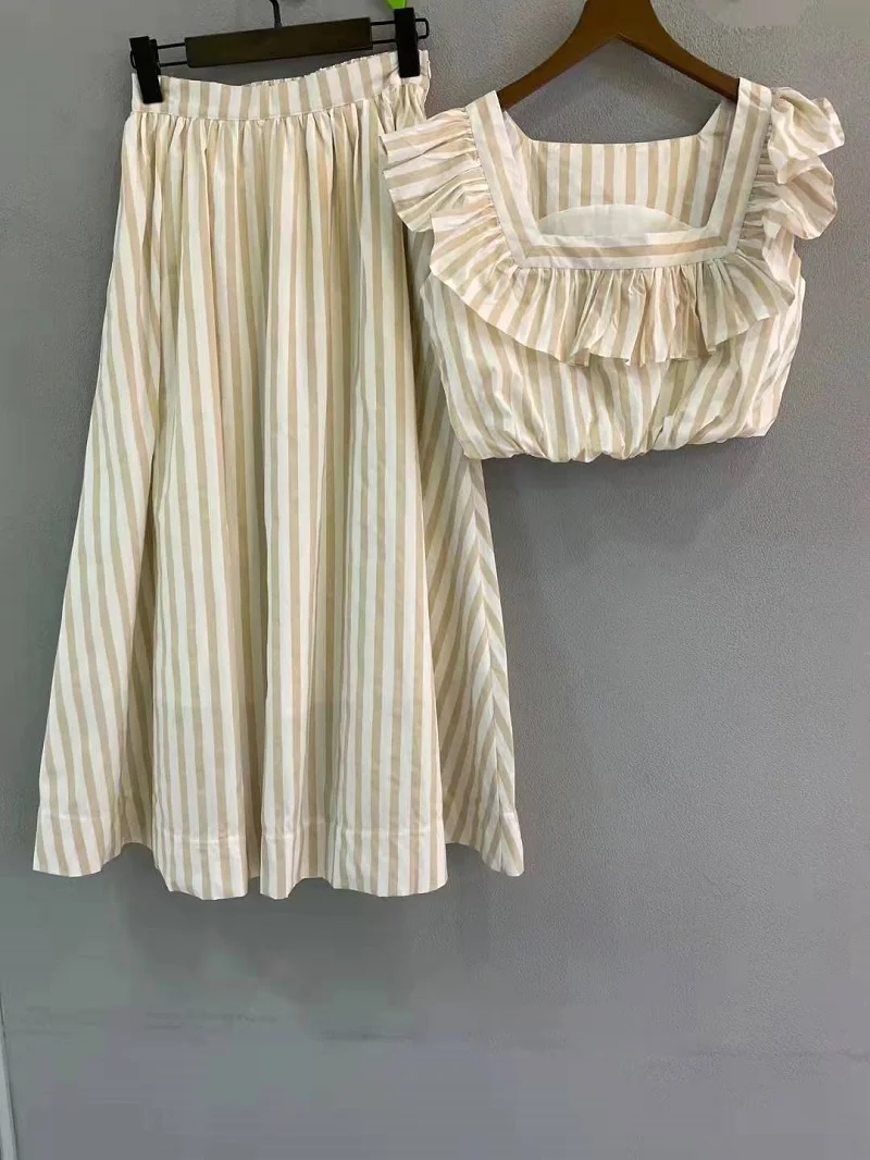 

Crop Sets 2022 Spring Summer Fashion 2 Piece Skirt Suits High Quality Ladies Striped Print Sexy Crop Tops+A-Line Skirt Suits