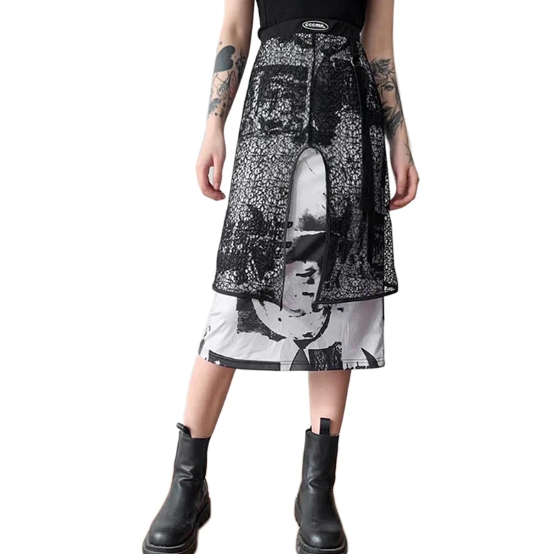 

K3NF Women Gothic Punk High Waist Slim Midi Long A-Line Skirt Harajuku Abstract Portrait Print Split Lace Splicing Streetwear