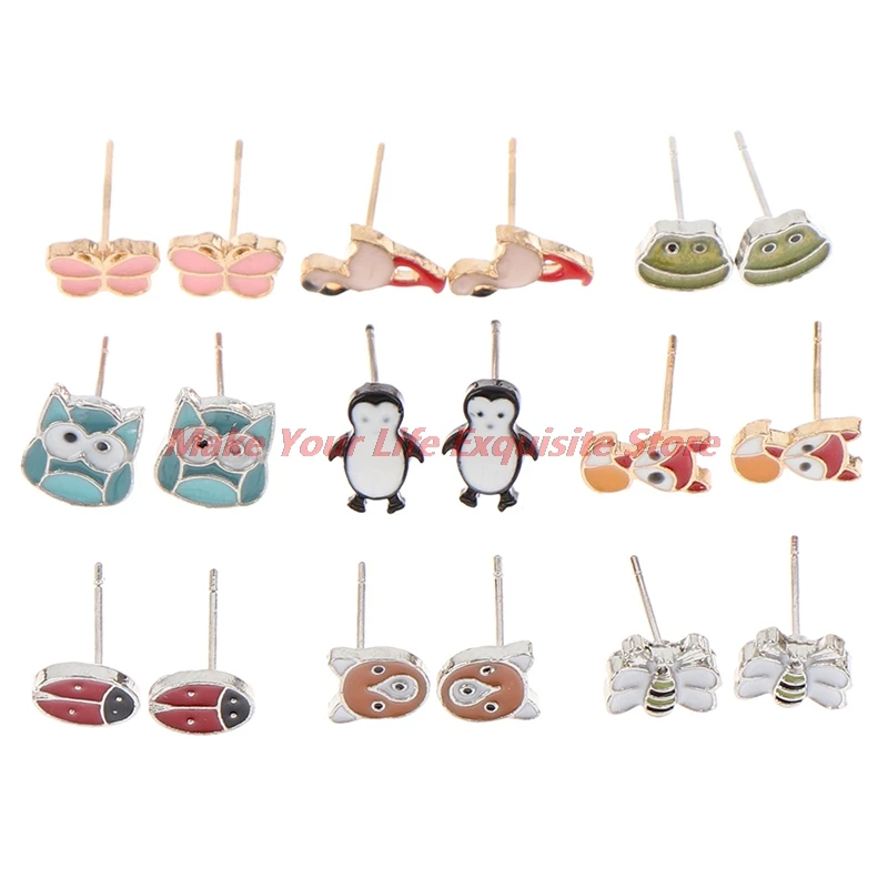 

New 9Pairs/set Fashion Mixed Shape Mini Cute Animal Bee Bear Frog Fox Butterfly Stud Earrings For Girls Children Jewelry Gifts