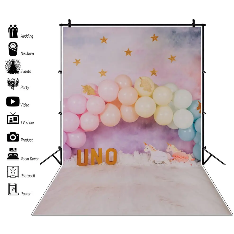 

Фон для фотосъемки с изображением единорога красочного воздушного шара мечты облака звезды торт 1-го дня рождения смешной Портрет фон для ф...