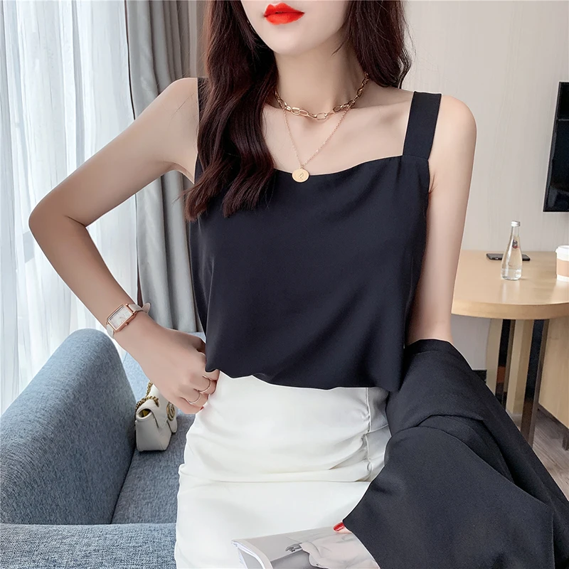 

Casual Square Collar Solid Satin Woman Camis Tank Tops 2021 Summer Render Chiffon Sleeveless Camisole Top Halter White Black Top