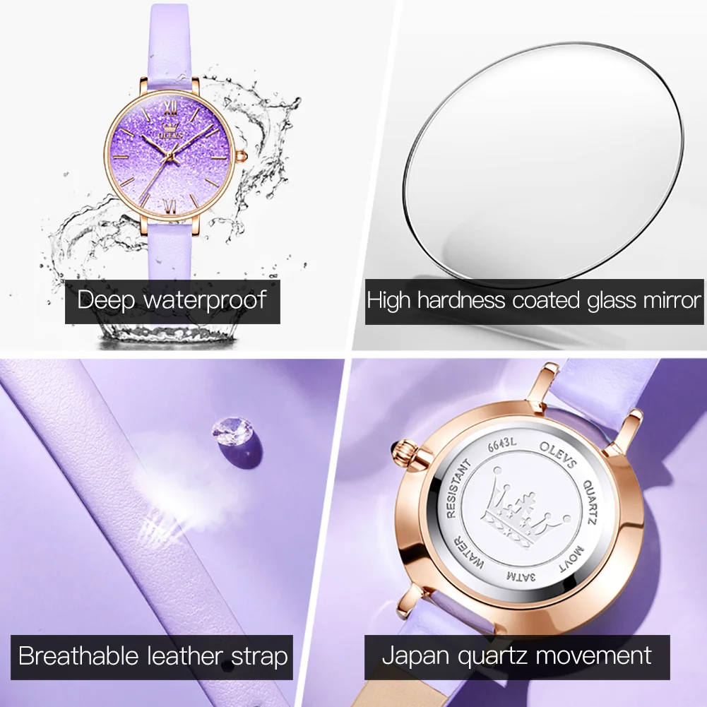 

OLEVS Luxury Student Leather watches for women Starry Sky Purple ladies Wristwatch Waterproof Casual Quartz Watch Boutique gift