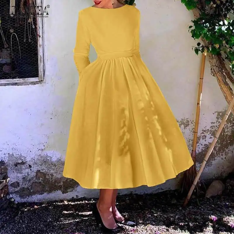 

Женское элегантное атласное платье-макси ZANZEA осеннее однотонное платье для вечерние женские шикарные платья-трапеции 2021 модный длинный ка...