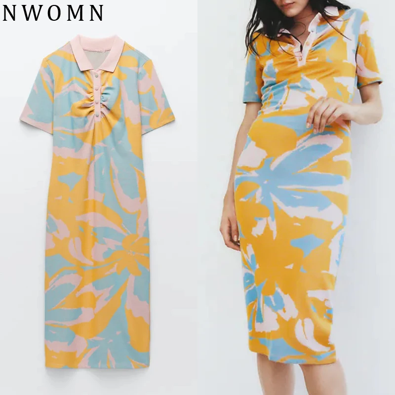 

NWOMN Za 2021 Knitted Dress Woman Jacquard Long Dress Women Summer Fashion Ruched Midi Dress Short Sleeve Casual Dresses