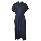 Женское однобортное платье-миди с поясом, однотонное льняное платье с коротким рукавом и карманами для офиса