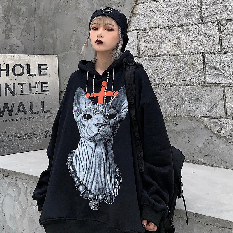 Темно Harajuku Стиль принт с героями мультфильмов Толстовка Женская мода Ins осень
