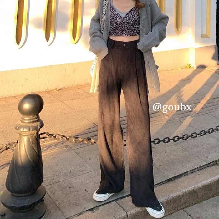 

2021spring and Autumn New Korean Style Loose Thick Draped Casual Pants Women's Corduroy Wide-Leg Draggle-Tail Trousers