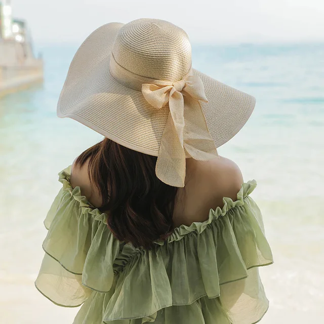 15CM Wide Brim Beach Straw Hats For Women Simple Foldable Summer Outing Sun Hat Fashion Flat Brom Bowknot Uv Protection Panama 4