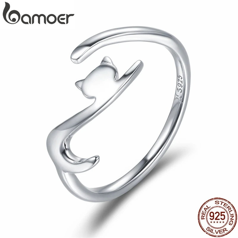 BAMOER 100% 925 Sterling Silver Sticky Cat with Long Tail Finger Ring Women Ring Adjustable Engagement Ring Jewelry SCR220