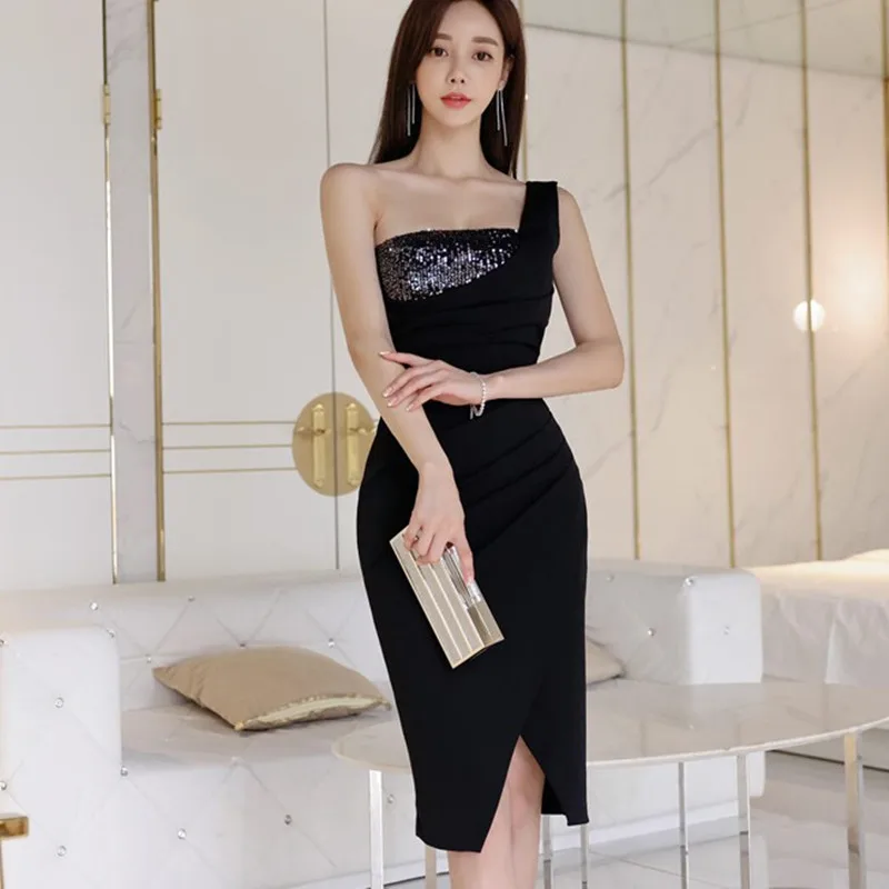 

ZAWFL One Shoulder Split Hem Black Sequin Dress Women 2021 Spring Party High Waist Glamorous Pencil Mini Dresses