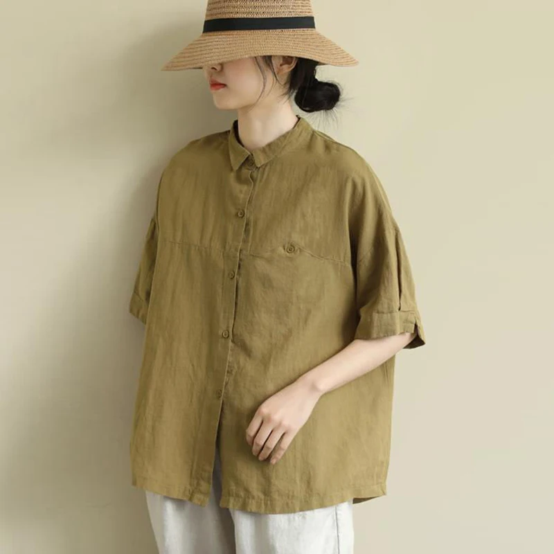 

Cotton Linen Shirt Plus Size Women Doll Collar Summer Loose Solid Color Casual Short Sleeve Linen Top Button Up Shirt
