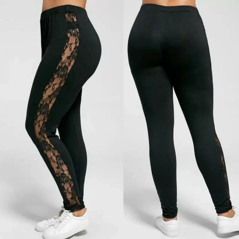 

Womens Ladies Floral Lace Side Panel Cut Out Black Leggings Plus Size Jogging Gym Trousers Sport Fitness Running Pants