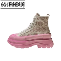 gxcmhbwj 2021 high top vulcanized shoes woman sneakers platform wedges retro canvas casual shoes lace up comfortable shoes women