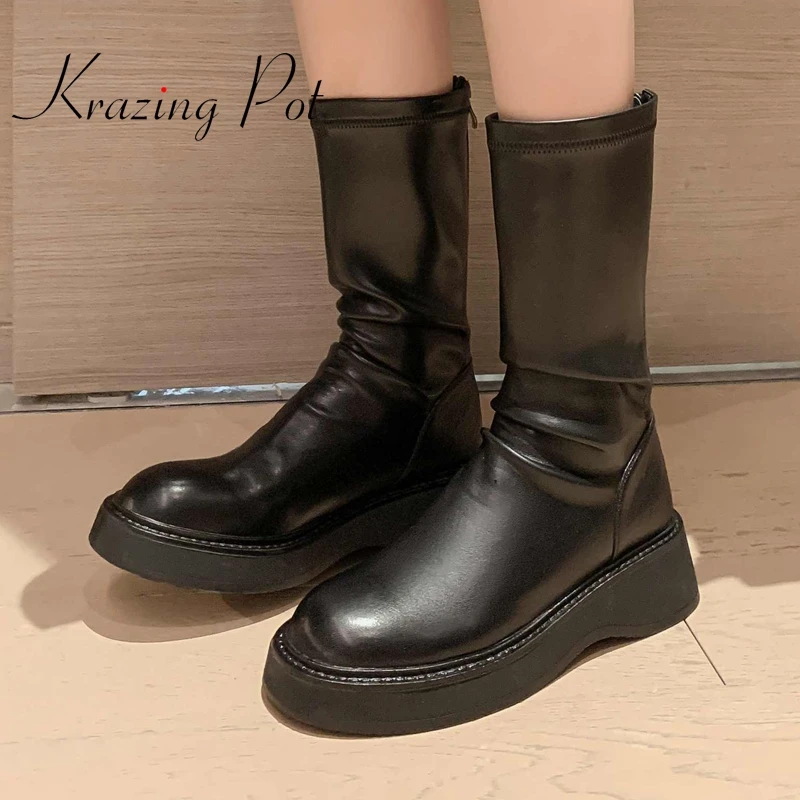 

krazing pot hot sale round toe thick bottom pleated winter basic beauty lady daily wear modern back zipper mid-calf boots L27