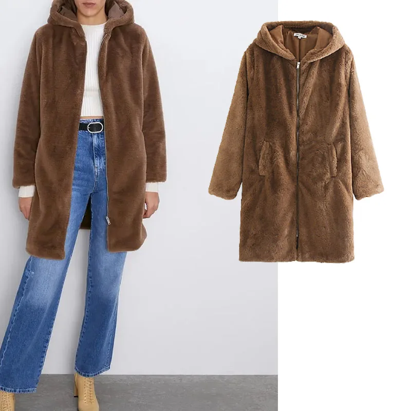 

Xypskh Za Women Fashion Thick Warm Hooded Faux Fur Jacket Coat Vintage Long Sleeve Pockets Zipper Female Outerwear Chic Tops