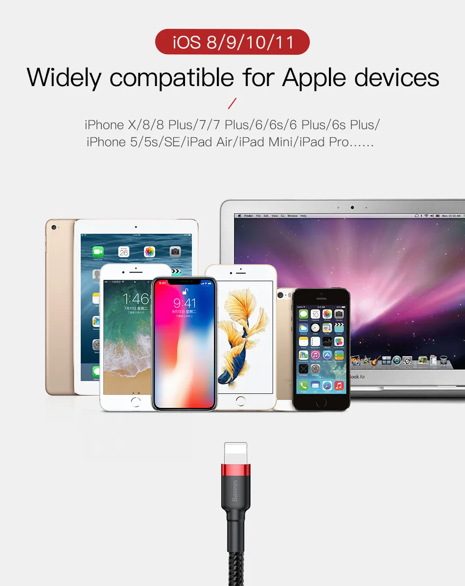 Короткий кабель usb lightning Baseus для быстрой зарядки 0,5 м 1 м 2 м 3 м для iPhone xs max xr 8 7 6s plus 11 ipad pro
