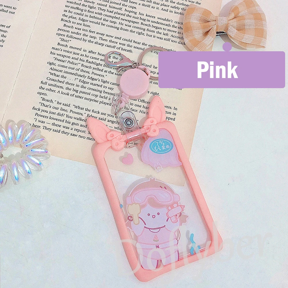 

Transparent Name Card Cover Case Keychain Retractable Badge Holder for Students Cute Rabbit Bear Girls School ID Pass Holder