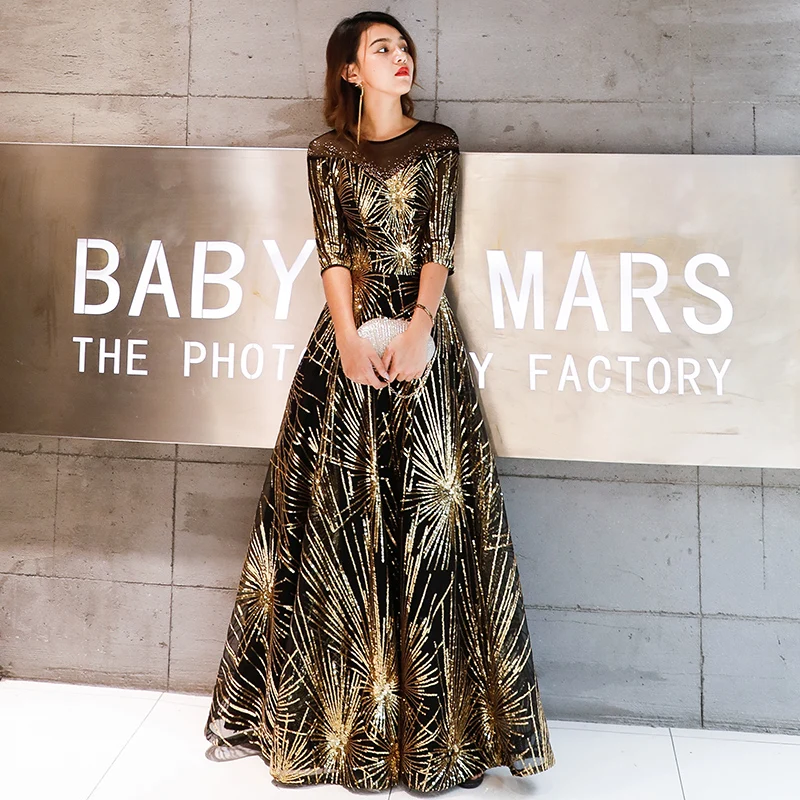 

Robe De Soiree Evening Dress Gold Sequined Crystal O-Neck Black Floor-Length Dinner Long Party Prom Gowns