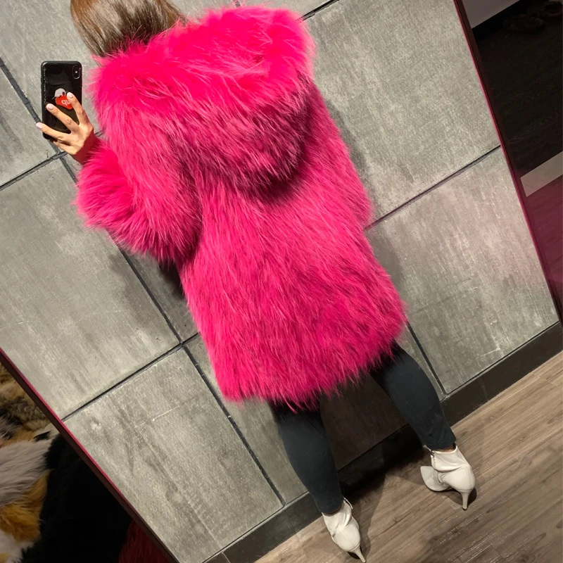 

raccoon hooded ladies real natural fur coat knitted