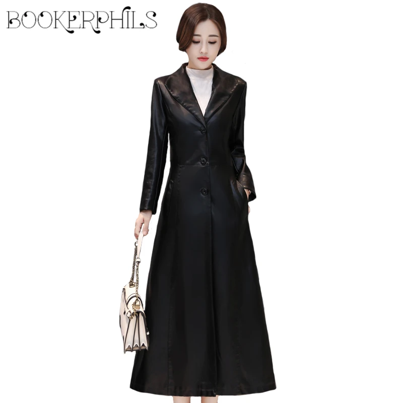 Осенне зимнее черное пальто из искусственной кожи женская кожаная куртка