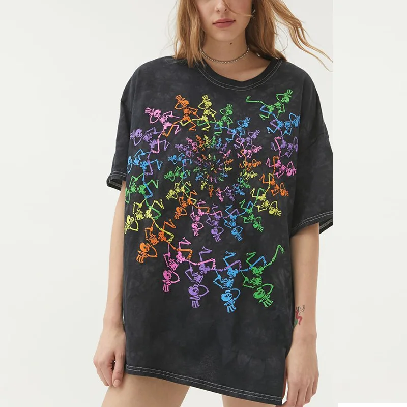 

Retro Skull Print Short Sleeve Graphic Tees Women Black Top New Tshirt Summer Casual Shirt Fashion Skull T Shirt Vintage Clothes