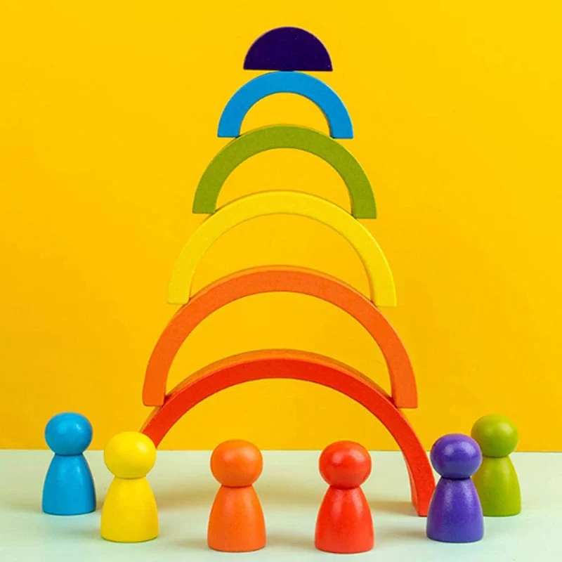 

2020 Wooden Rainbow Blocks Children Rainbow Stacker Stacking Toy Interact Educational Puzzle Toy Geometry Bricks