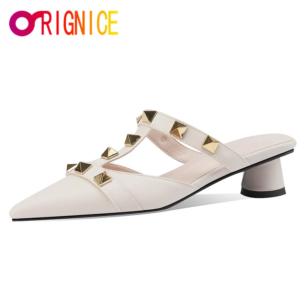 

Orignice New Brand Women Mid High Heel Half Slippers Fashion Rivet Pointed Toe Mules Slip On Casual Loafers Outdoor Dress Slides