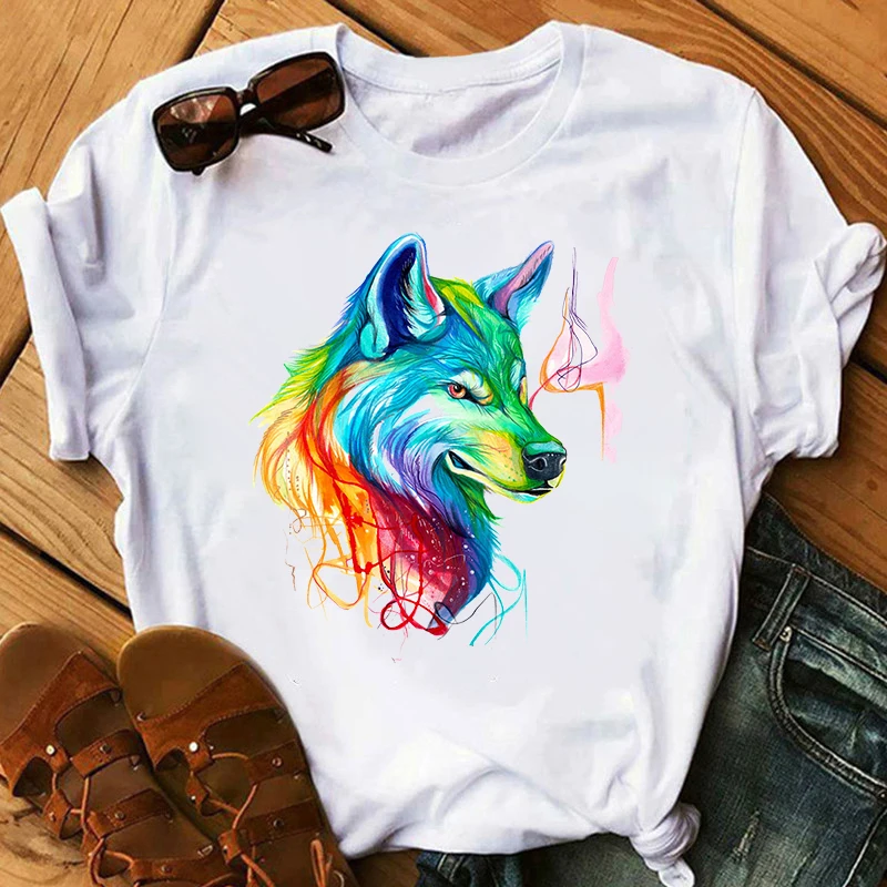 

Brand Wolf T shirt Women Funny white T-Shirt Girl Casual Animal Tshirt Female Summer Short Sleeve O Neck Loose Tshirt tee Tops